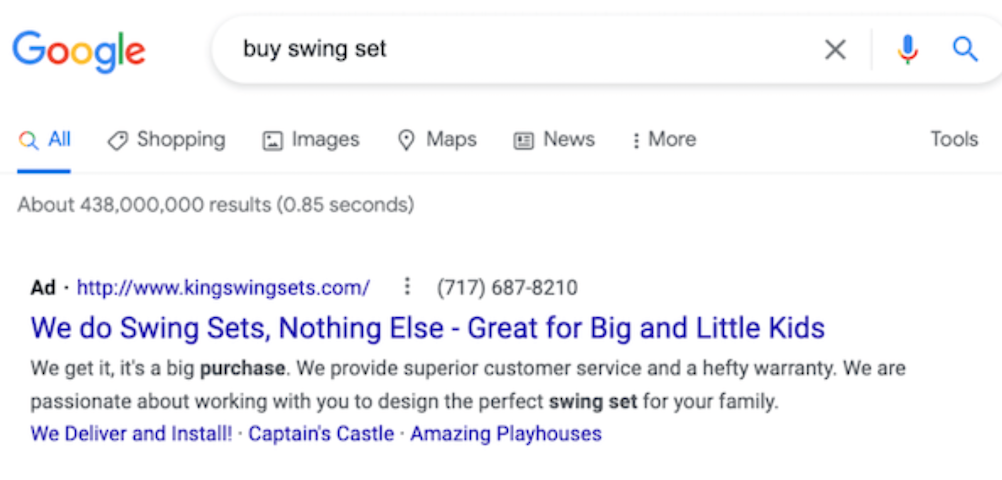 King Swing search ad